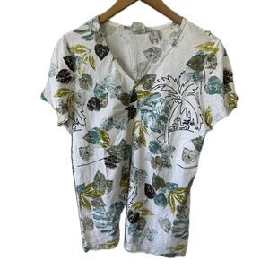Hot Cotton 100% Natural Tropical Leaves Pullover Pintuck V Neck Blouse Top L